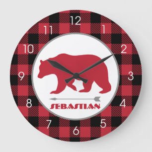 Holzfäller-Bär-Buffalo-Karo-Jäger-Thema Große Wanduhr