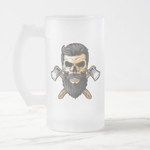 Holzfäller-Bartschädel gekreuzte Äxte Mattglas Bierglas
