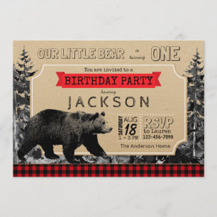 Holzfäller-Geburtstags-Buffalo-Plaid-Kleiner-Bär Einladung