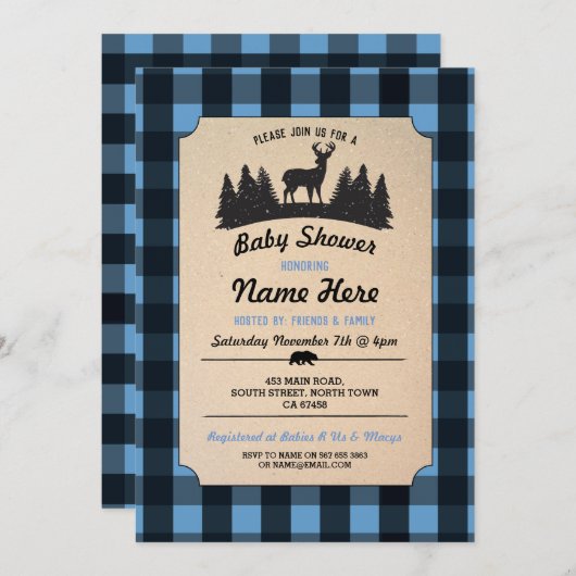 Holzfäller-lädt blaues Babyparty-Waldland ein Einladung (Vorne/Hinten)