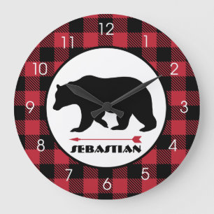 Holzfäller Schwarz Bär Buffalo Kariert Jäger Thema Große Wanduhr