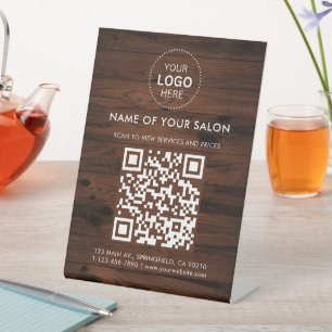 Holzfarbener Salon Geschäft QR-Code und Logo Sockelschild