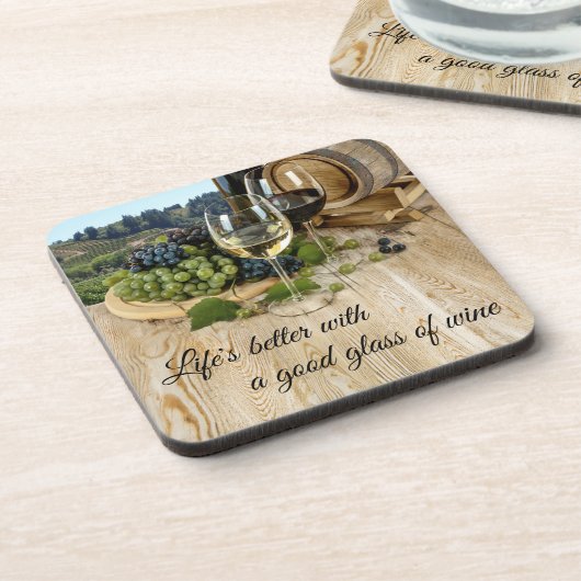 Holzfass und Trauben Weintrauben Untersetzer (Linke Seite)