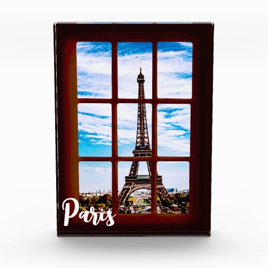 Holzfenster mit Blick auf den Eiffelturm, Paris Fotoblock (Vorderseite)