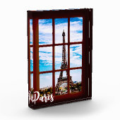 Holzfenster mit Blick auf den Eiffelturm, Paris Fotoblock (Links)