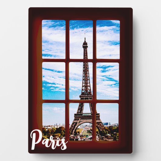 Holzfenster mit Blick auf den Eiffelturm, Paris Fotoplatte (Vorderseite)