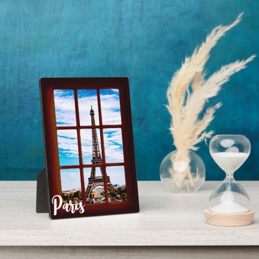 Holzfenster mit Blick auf den Eiffelturm, Paris Fotoplatte (Seite)