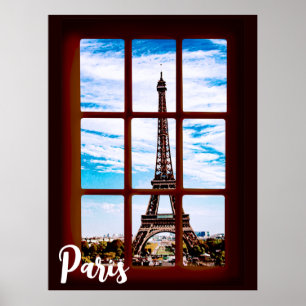Holzfenster mit Blick auf den Eiffelturm, Paris Poster