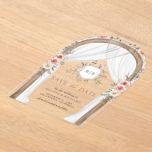 Holzflorale Monogram-Hochzeit speichert das Datum Acryleinladungen (Ablage )