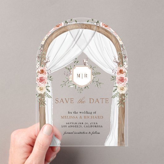 Holzflorale Monogram-Hochzeit speichert das Datum Acryleinladungen (Insitu (Handheld))