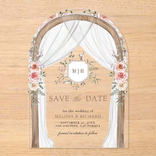 Holzflorale Monogram-Hochzeit speichert das Datum Acryleinladungen (Vorderseite)