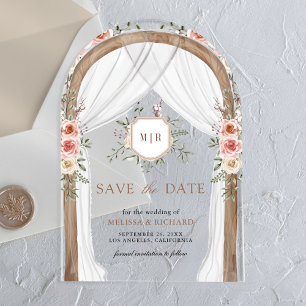 Holzflorale Monogram-Hochzeit speichert das Datum Acryleinladungen