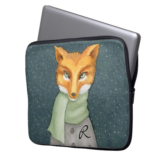 Holzfuchs im Winter mit Monogramm Laptopschutzhülle (Vorderseite Links)