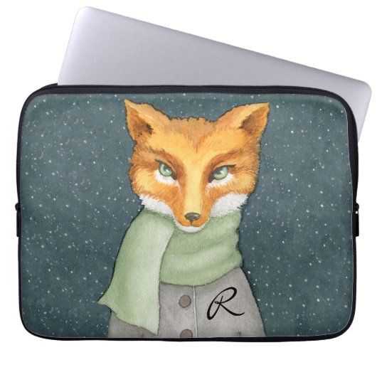 Holzfuchs im Winter mit Monogramm Laptopschutzhülle (Vorderseite)