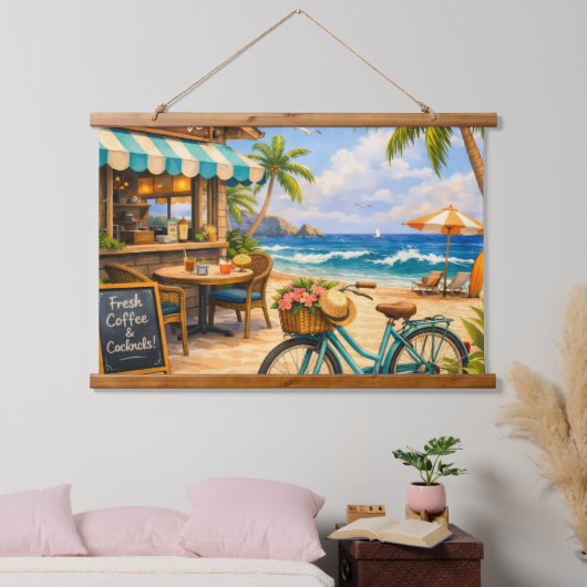 Holzgedecktes Strandcafé – Wandteppich Mit Holzrahmen (Schlafzimmer)