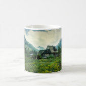 Holzhaus, Berglandschaft. Kaffeetasse (Mittel)