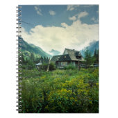Holzhaus, Berglandschaft. Notizblock (Vorderseite)