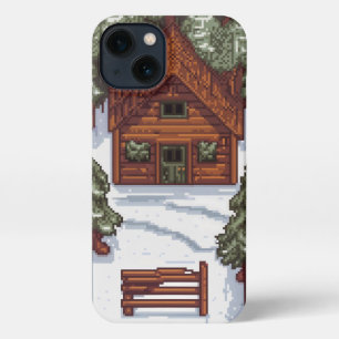 Holzhaus in einem schneebedeckten Wald pixelig iPhone 13 Hülle