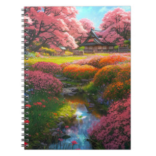 Holzhaus umrahmt von einem farbenfrohen Garten Notizblock