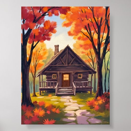 Holzhaus | Wasserfarben Herbstlaub Wald Poster (Vorne)