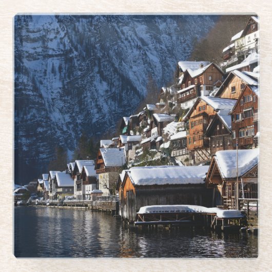 Holzhäuser am See in Hallstatt, Österreich Glasuntersetzer (Vorderseite)