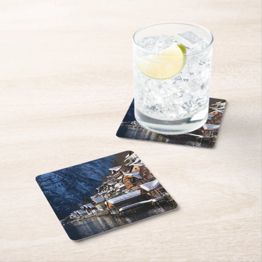 Holzhäuser am See in Hallstatt, Österreich Rechteckiger Pappuntersetzer (Vor Ort)