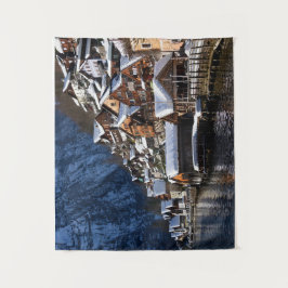 Holzhäuser am See in Hallstatt, Österreich Wandteppich