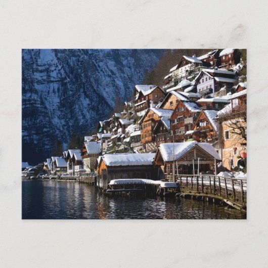 Holzhäuser am Seeufer in Hallstatt, Österreich Postkarte (Vorderseite)