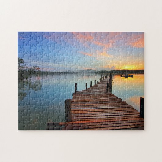 Holzheck-Seascape in farbenfrohen Sonnenuntergang Puzzle (Horizontal)