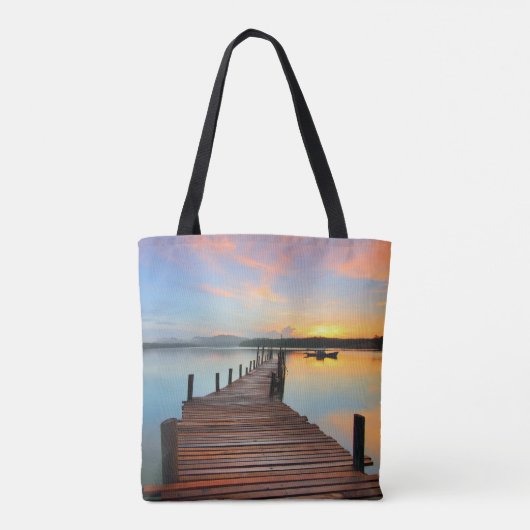 Holzheck-Seascape in farbenfrohen Sonnenuntergang Tasche (Rückseite)