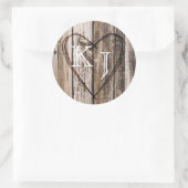 Holzherz Etching Rustic Monogram Wedding Label Runder Aufkleber (Tasche)