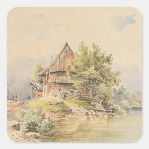 Holzhütte am See - Carl Lafite Quadratischer Aufkleber