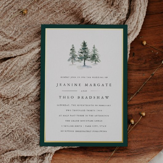 Holzhütte | Winter Pine Tree Wedding Folieneinladung