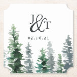 Holzhüttenmongramm und -datum untersetzer<br><div class="desc">Fügen Sie Ihrem Hochzeitscocktail oder Ihrem Empfang personalisierten Charme mit diesen waldreichen schicken Untersetzer hinzu. Design zeigt Ihre Initialen, verbunden mit einem dekorativen Skript Ampersand, mit Ihrem Hochzeitstag unten, und eine Reihe von Aquarellkiefern in winzigen Schattierungen von mutierten Jäger grün und Wald grün. Entworfen, um unsere Hochzeitskollektion von Holzhütten für...</div>
