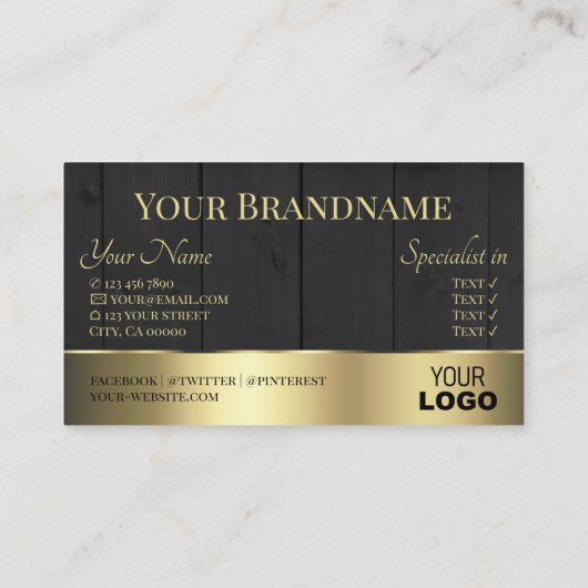 Holzkarten Schwarz-Holz-Körner-Logo und Gold-Dekor Visitenkarte (Rückseite)