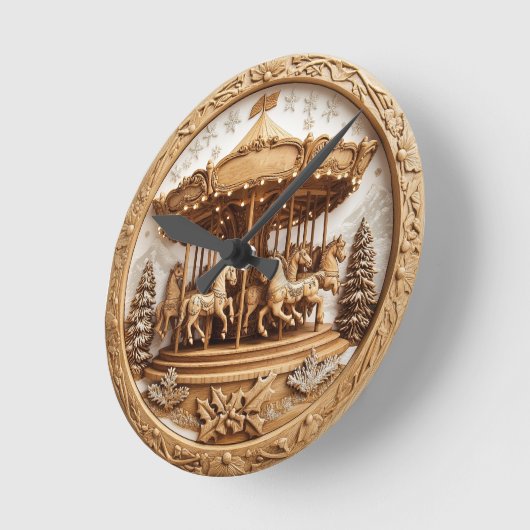 Holzkarussell in einer Schneeszene Runde Wanduhr (Winkel)