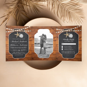 Holzkhalkboard Starfish Sand Dollar Beach Hochzeit Dreifach Gefaltete Einladung