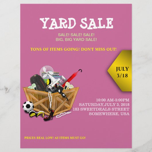 Holzkiste voll mit Goodies Yard Sale Flyer (Vorne)