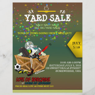 Holzkiste voll mit Goodies Yard Sale Flyer