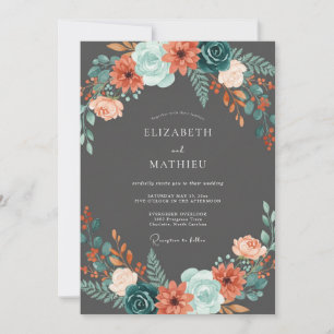 Holzkohle-Aqua-Wildblumen-Hochzeit Einladung