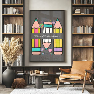 Holzkohle Bunt Lehrer Cartoon Bleistift Poster