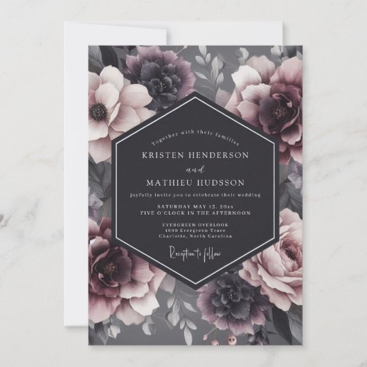 Holzkohle Düstere Flora Hochzeit Einladung (Vorderseite)