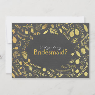 Holzkohle-Gold-Blumen- Sei-meine-Brautjungfer-etc. Einladung
