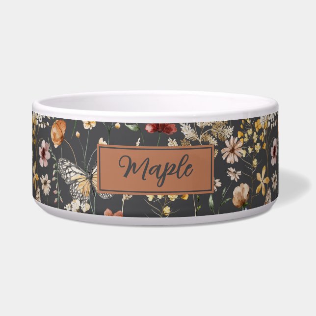 Holzkohle-Grau-Wildblume Personalisiertes Haustier Napf (Vorderseite)