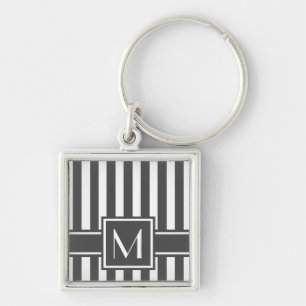 Holzkohle Moderner Streifen mit Monogramm Schlüsselanhänger