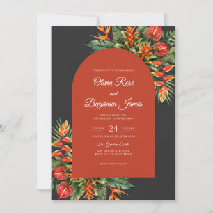 Holzkohle-Orange-Tropen-Eukalyptus-Hochzeit Einladung