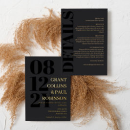 Holzkohle Schwarz & Gold Typografie 2 in 1 Hochzei Folieneinladung