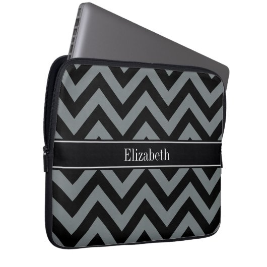 Holzkohle, Schwarz-LG-Zickzack-Schwarz-Name-Monogr Laptopschutzhülle (Vorne Rechts)