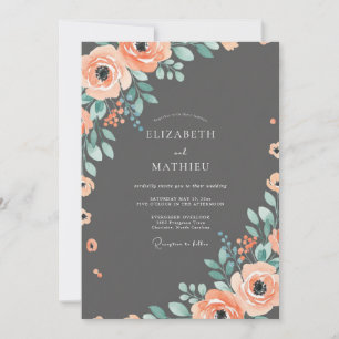 Holzkohle Sophisticated Coral Blumenhochzeit Einladung