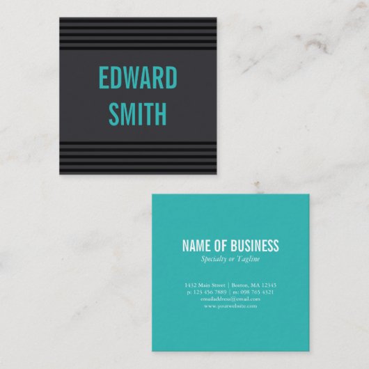 Holzkohle u. Türkis mit schwarzen Streifen Quadratische Visitenkarte (Vorne/Hinten)